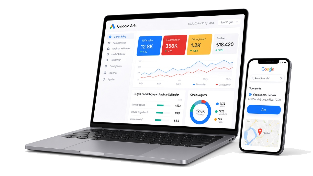 Google Ads laptop ve mobil reklam görünümü